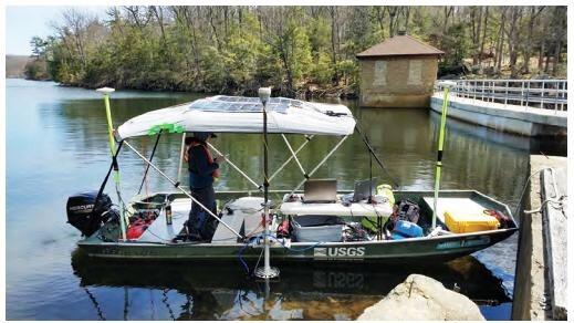 USGS boat with equipment in it at a dock