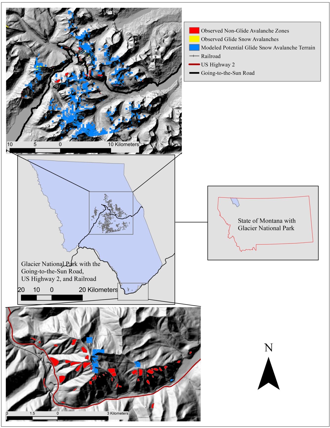 map of modeled avalanches across Glacier National Park