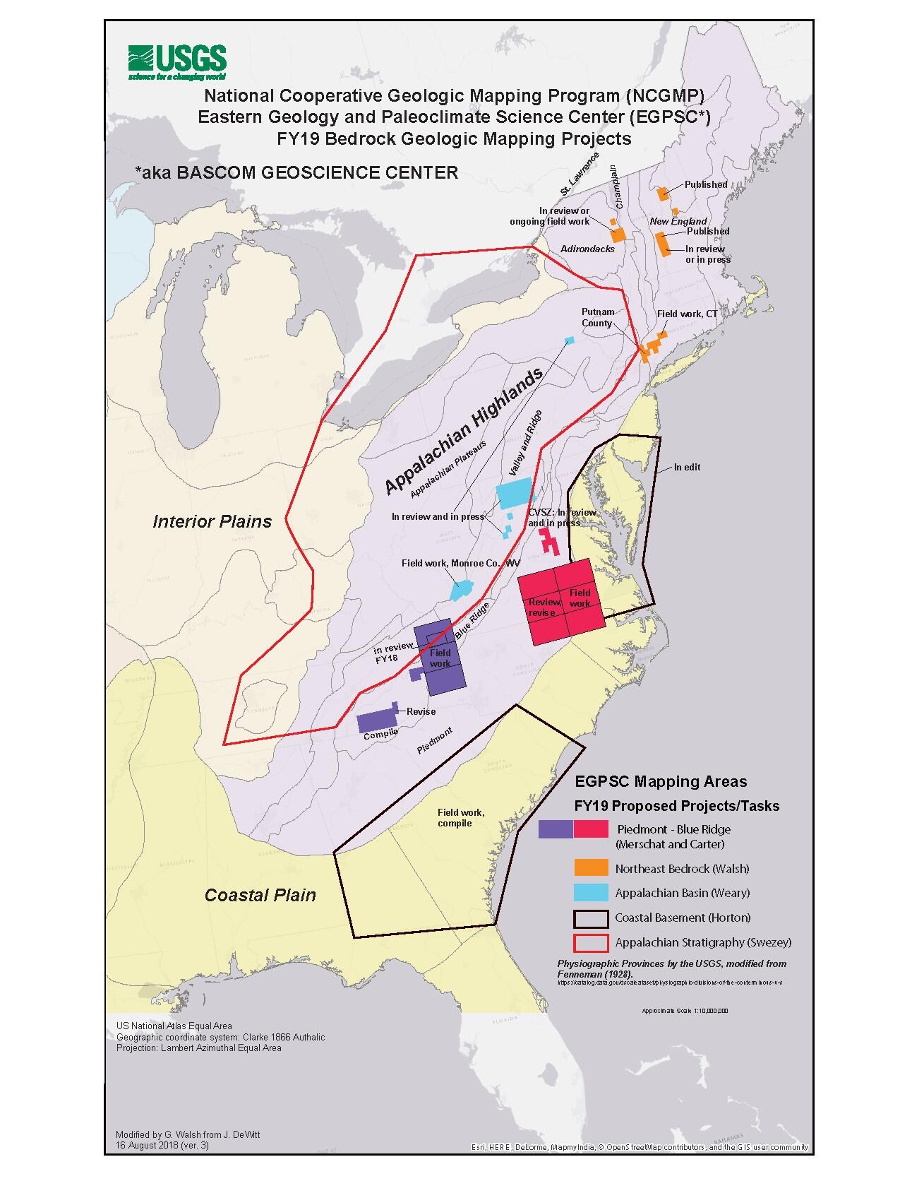 Image of different geologic mapping project areas along the eastern shore of the United States
