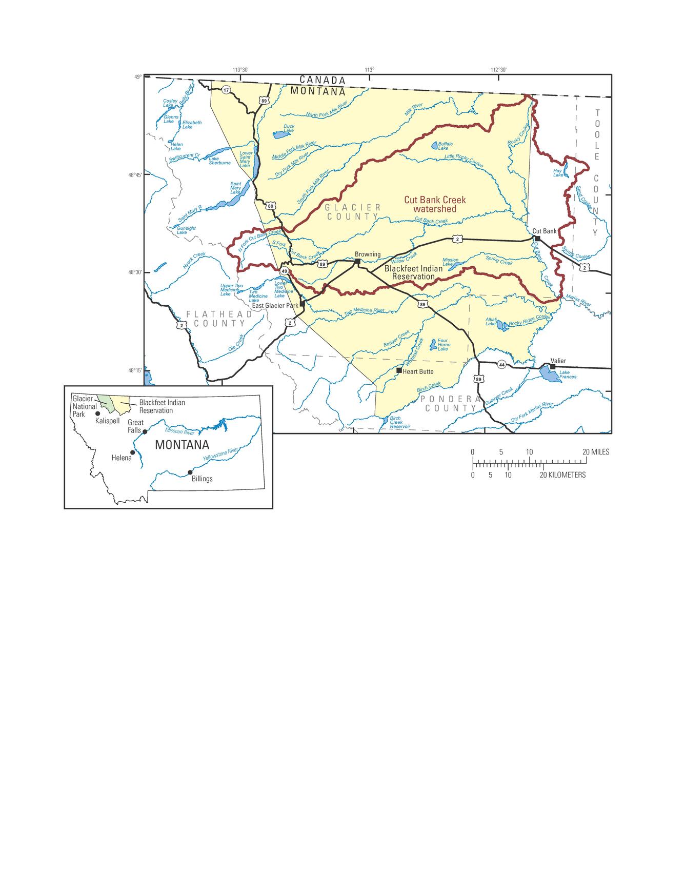 Blackfeet Reservation Groundwater Monitoring Program Study Area Map with locations of surface water monitoring locations 