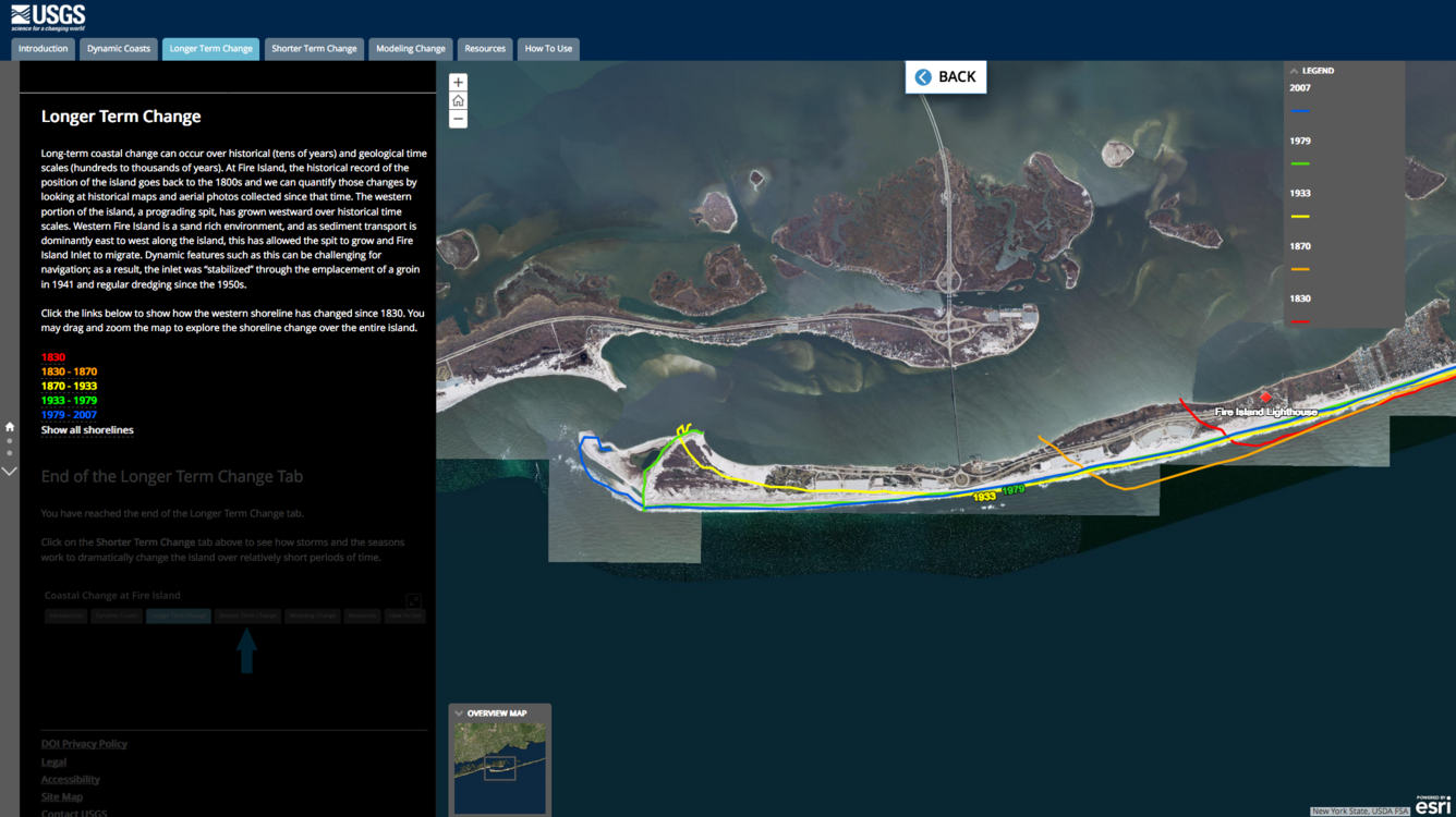 Screenshot of 'Longer Term Change' section from NPS story map about Fire Island