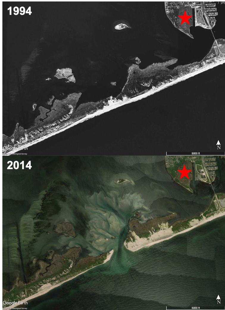 Two aerial images of a barrier island, in 1994 and 2014. There is a breach in the island in 2014 that was not present in 1994.