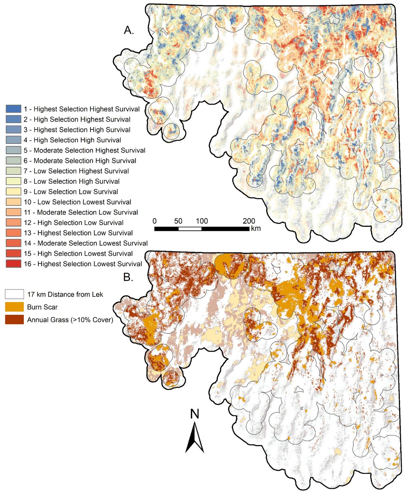 Two maps show how nest survival rates and nest selection and burn scars & grass cover overlap on areas of sage grouse habitat 