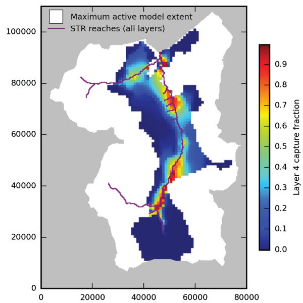 Map from FloPy showing water information for the San Pedro River Basin.