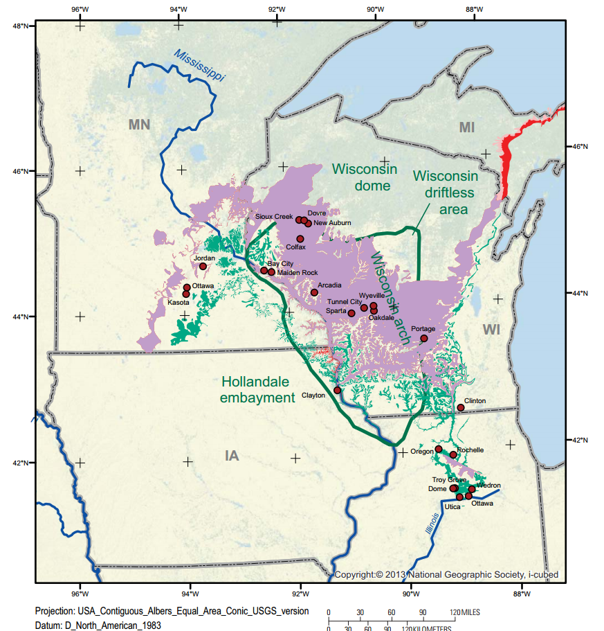 Image shows a map of the midwest with frac sand producing areas highlighted