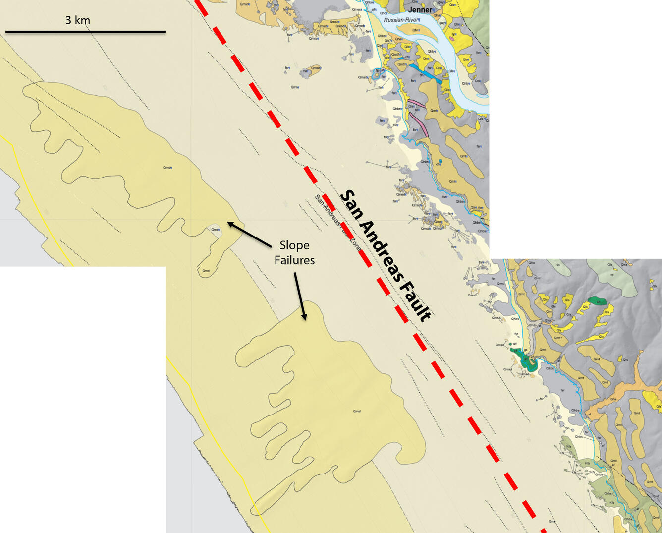 Illustration showing the location of the San Andreas Fault with underwater landslides identified nearby.