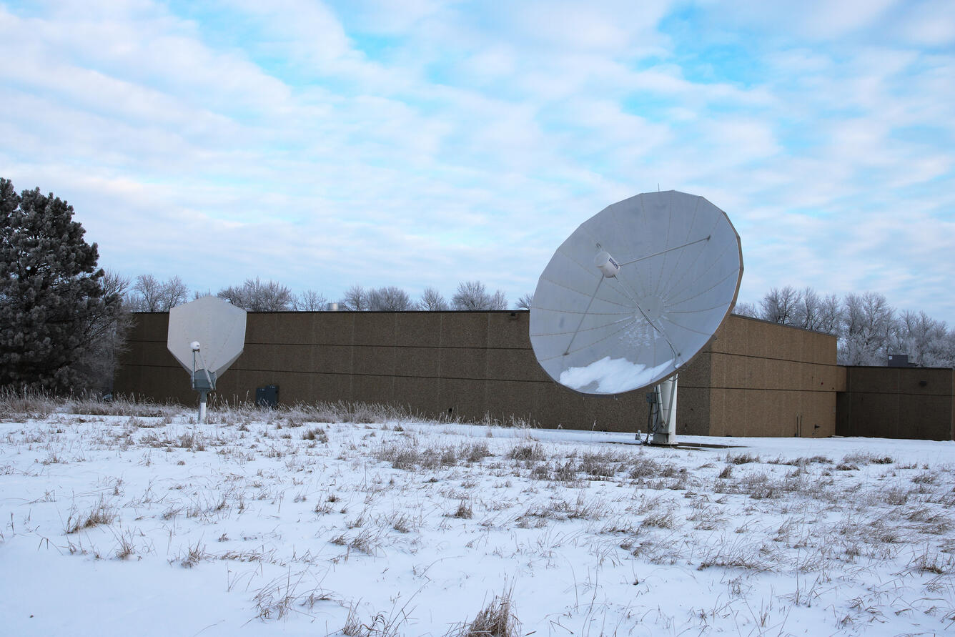 Backup satellite dish for Geostationary Operational Environmental Satellite (GOES) at USGS EROS Center
