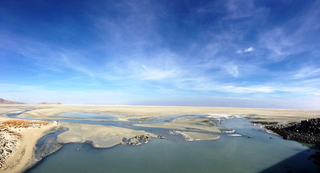 Looking north across the southern end of the Great Salt Lake shoreline.