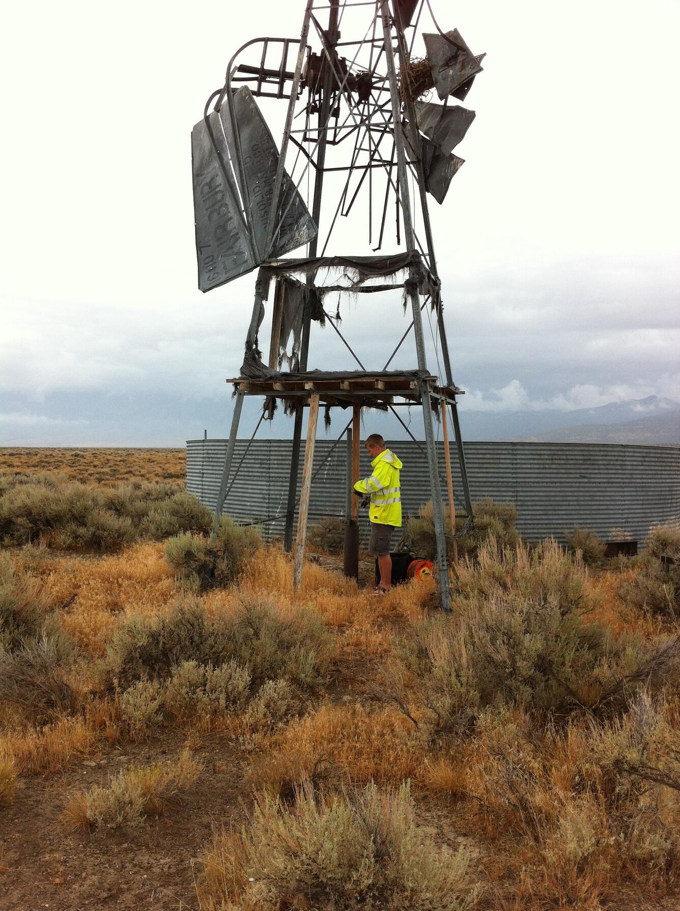 Dilapidated windmill over groundwater well in Utah's West Desert.