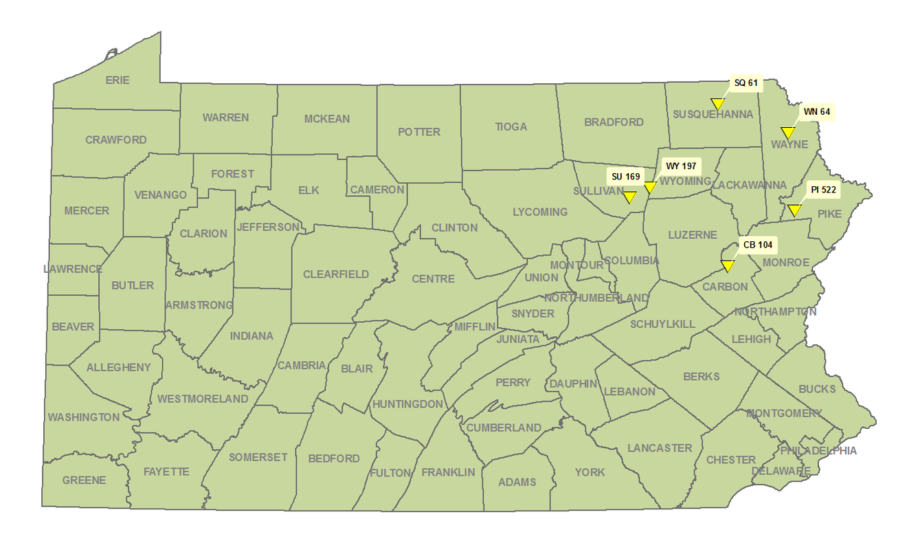A county map of Pennsylvania showing six well sites of the Northeast Trip in the Groundwater Quality Monitoring Network.