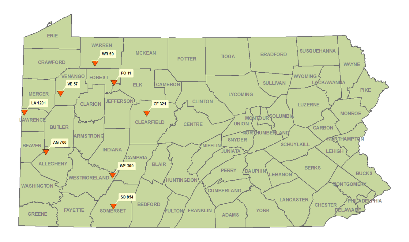 A county map of Pennsylvania showing eight well sites of the West Trip in the Groundwater Quality Monitoring Network