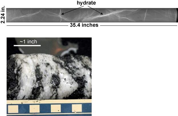 Image shows two views of the gas hydrates in the storage container