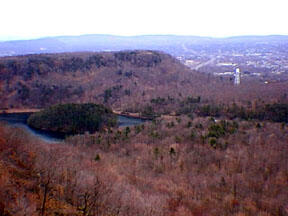 This is a photo of an eastward view of the Merimere Reservoir & the escarpments of the trap rock basalts.