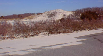 This is a photo of a coastal dune moving in on a parking lot at Island Beach State Park.