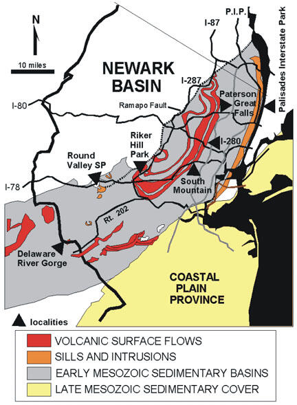 This is a map with field localities in the Newark Basin, New York, New Jersey, and Pennsylvania.
