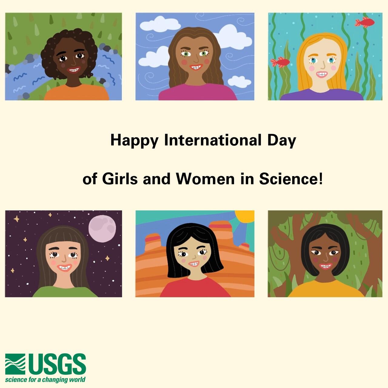 This digital sketch shows six girls against various nature-inspired backgrounds.