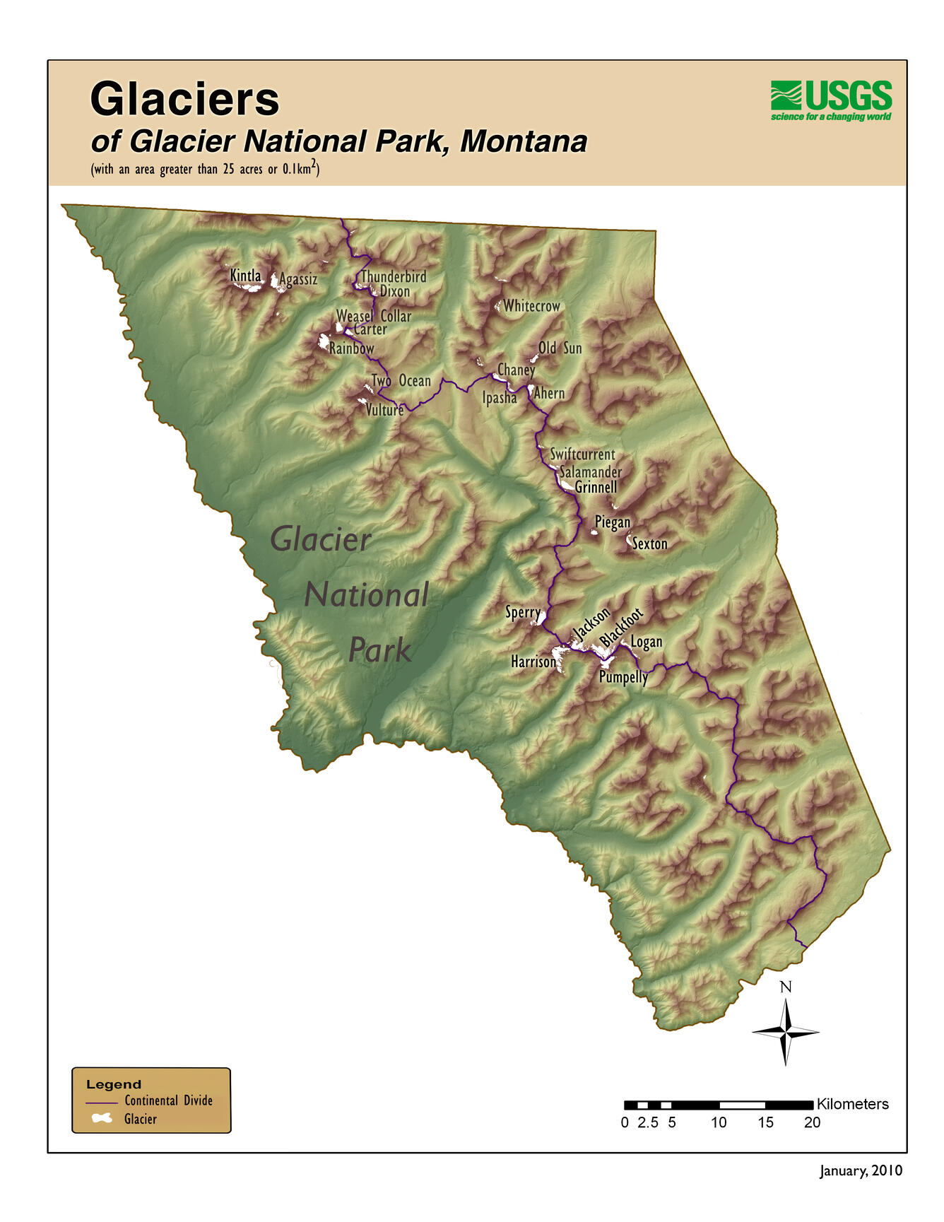 Map of Glaciers in Glacier NP.