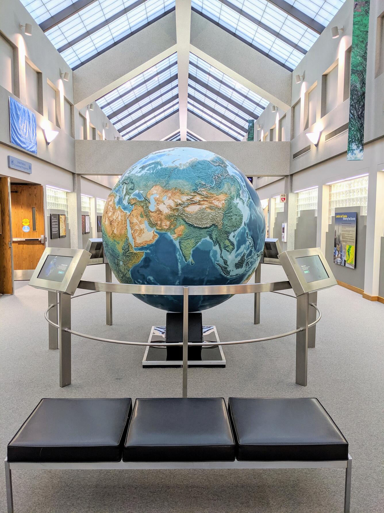 Color image of globe at USGS EROS Center