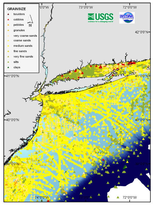 A map of a coast shows colorful triangles plotted in the ocean where sediment samples were collected and their compositions.