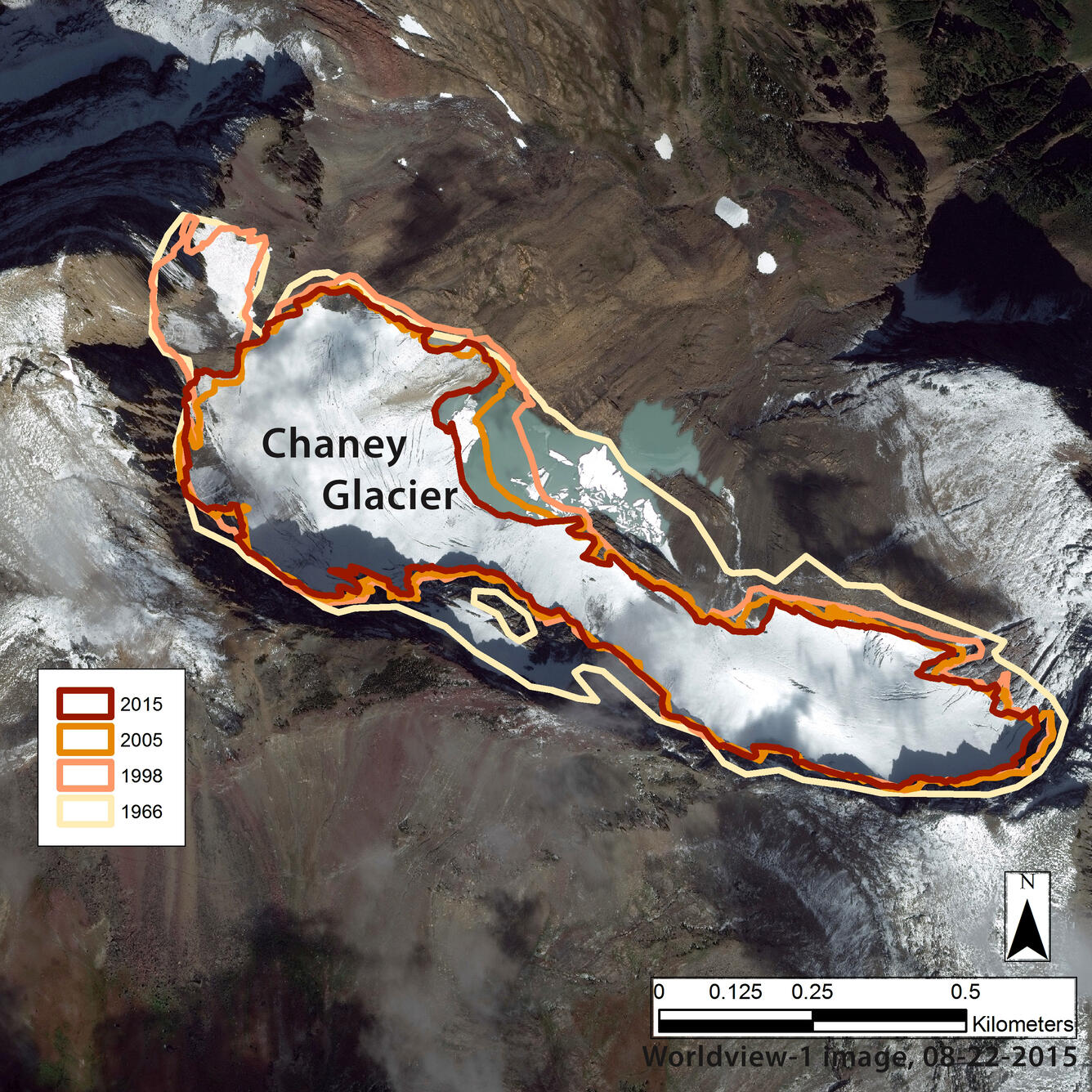 This image shows the perimeter of Chaney Glacier in Glacier National Park in 1966, 1998, 2005, and 2015.