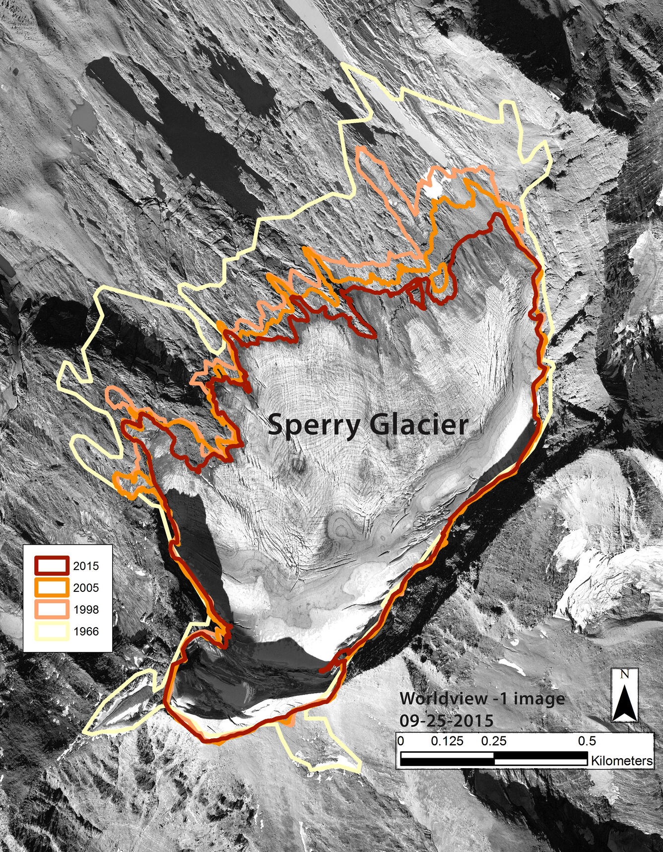 This image shows the perimeter of Sperry Glacier in Glacier National Park in 1966,1998, 2005, and 2015. 