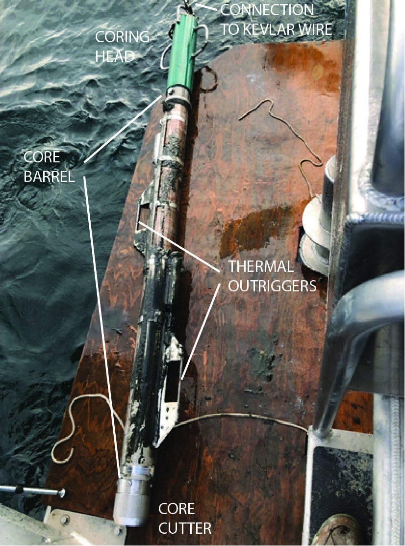 Gravity coring device after sampling Yellowstone Lake sediment