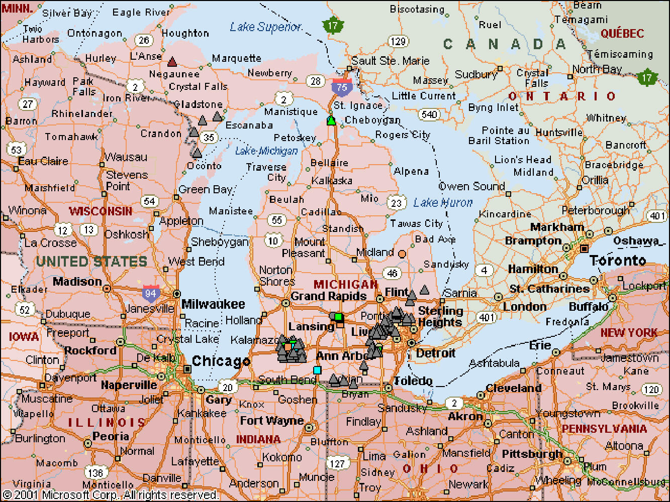 Roadmap of Michigan with Groundwater stations marked with triangles