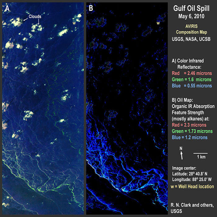  Color-composite imagery and derived three-point band-depth oil map illustrating areas of potentially thick oil, Gulf Oil Spill 