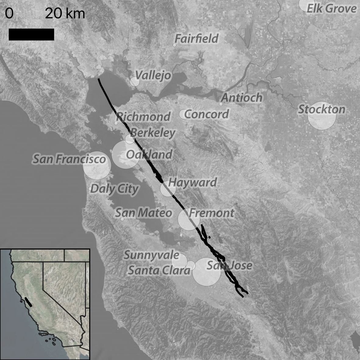 grayscale map of San Francisco Bay Area with black Hayward fault trace
