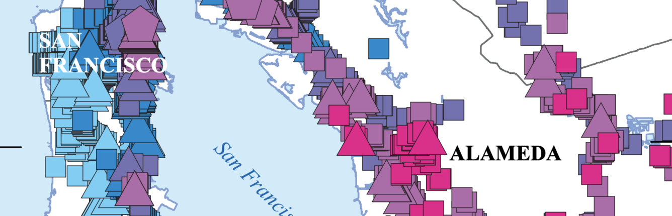 San Francisco map with different shades of blue and red squares