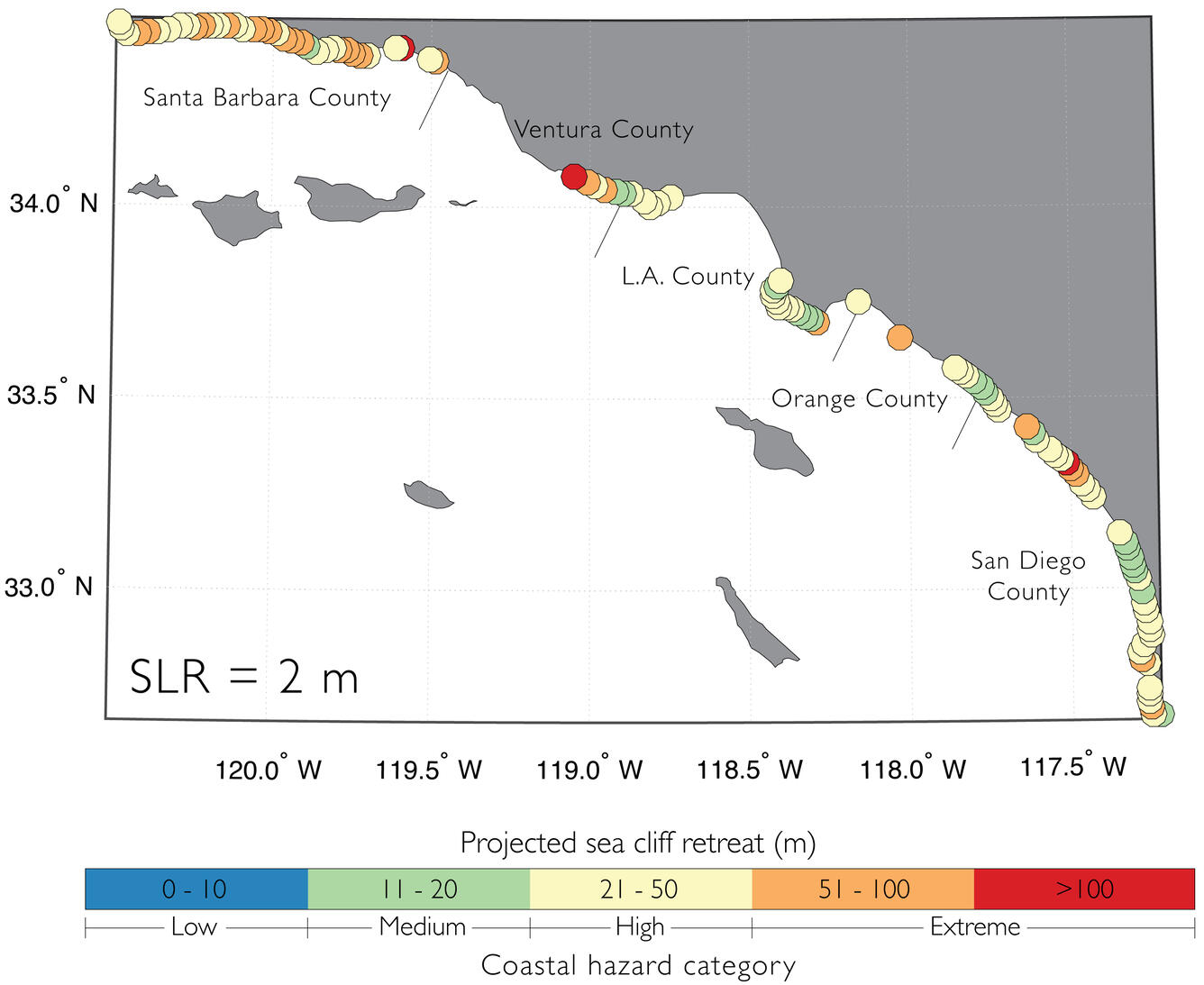 Map of Southern California coastline showing cliff retreat forecasts.