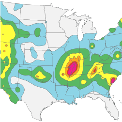 map of central U.S. with colored contours