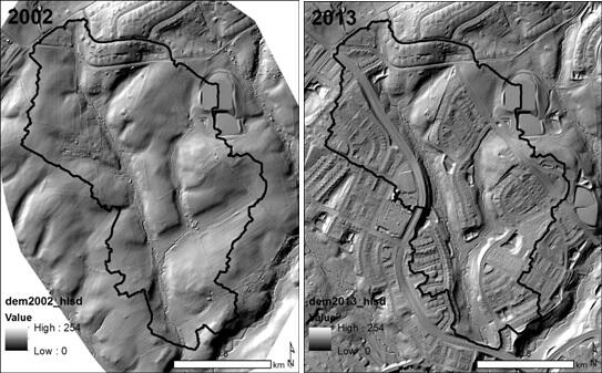 Hillshade showing topographic changes before and after suburban develop