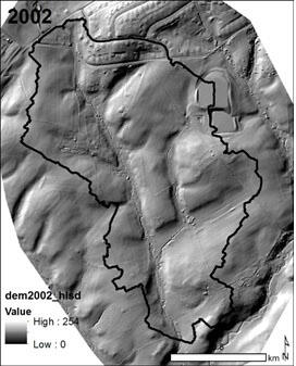 Hillshade showing topographic changes before suburban develop.
