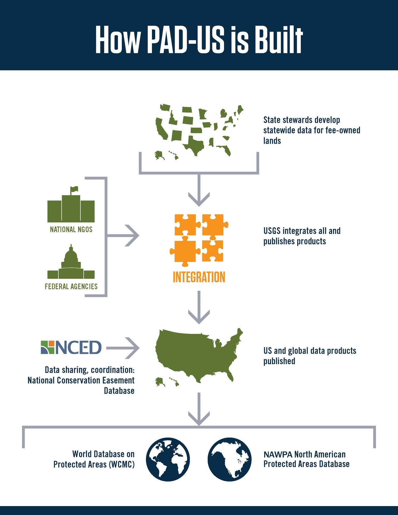 Graphic showing how PAD-US is built using partnerships with Federal, state, and NGO entities