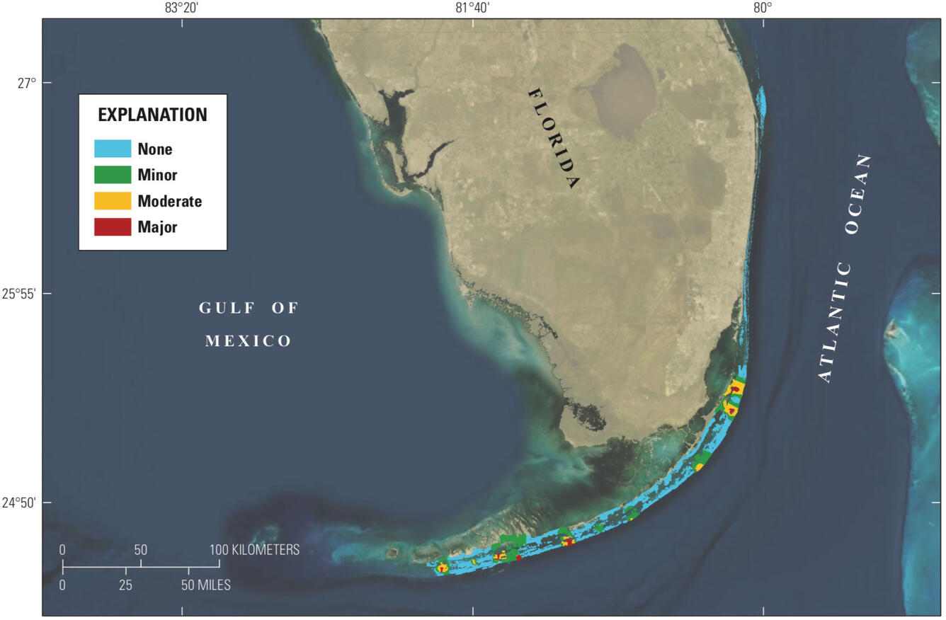 Map of a large coastal area with barrier islands, colored to show the extent of damage experienced after hurricanes.