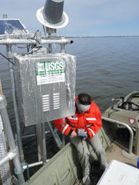 Image of hydrologist calibrating the station.