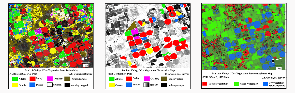 AVIRIS spectrometer images of the San Luis Valley, Colorado showing vegetation species and senescence/stress