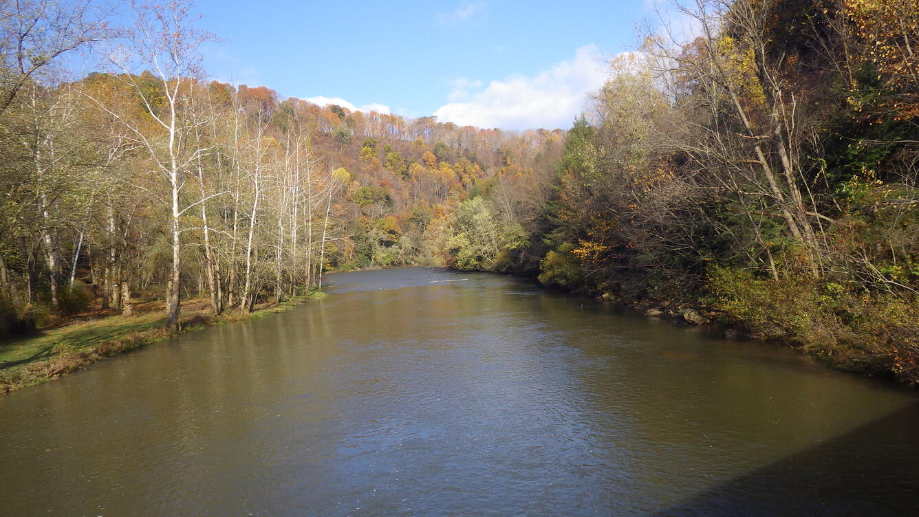 A downstream view of Mahoning Creek. Fall colors fill the trees on a hill as the stream bends to the right.