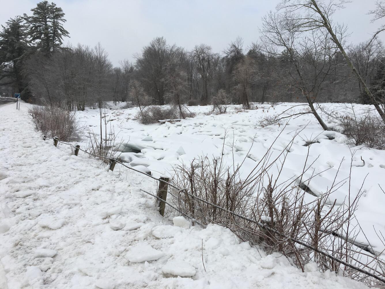 Fragmented ice sheets were transported along the Piscataquog River beginning in late January 2019, resulting in an ice jam
