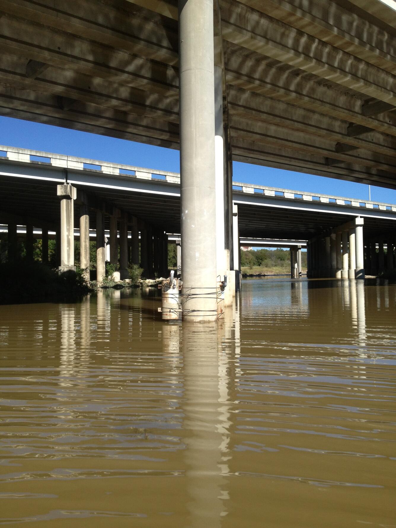 Looking upstream at U.S. Geological Survey station 08181435 Leon Creek at Loop 410 at San Antonio, Texas, October 2013.