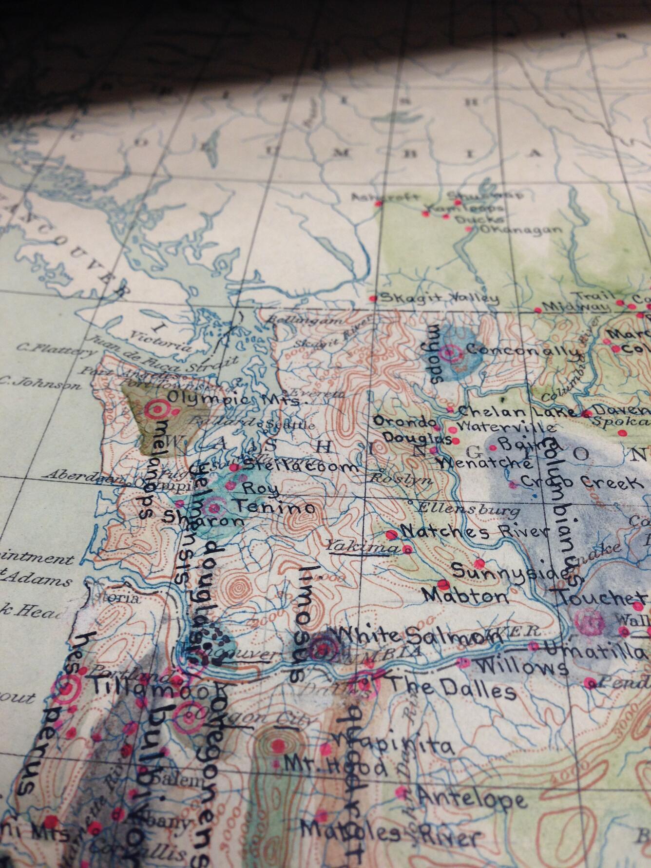 Map with hand-written locations labeling where scientific specimens were collected.