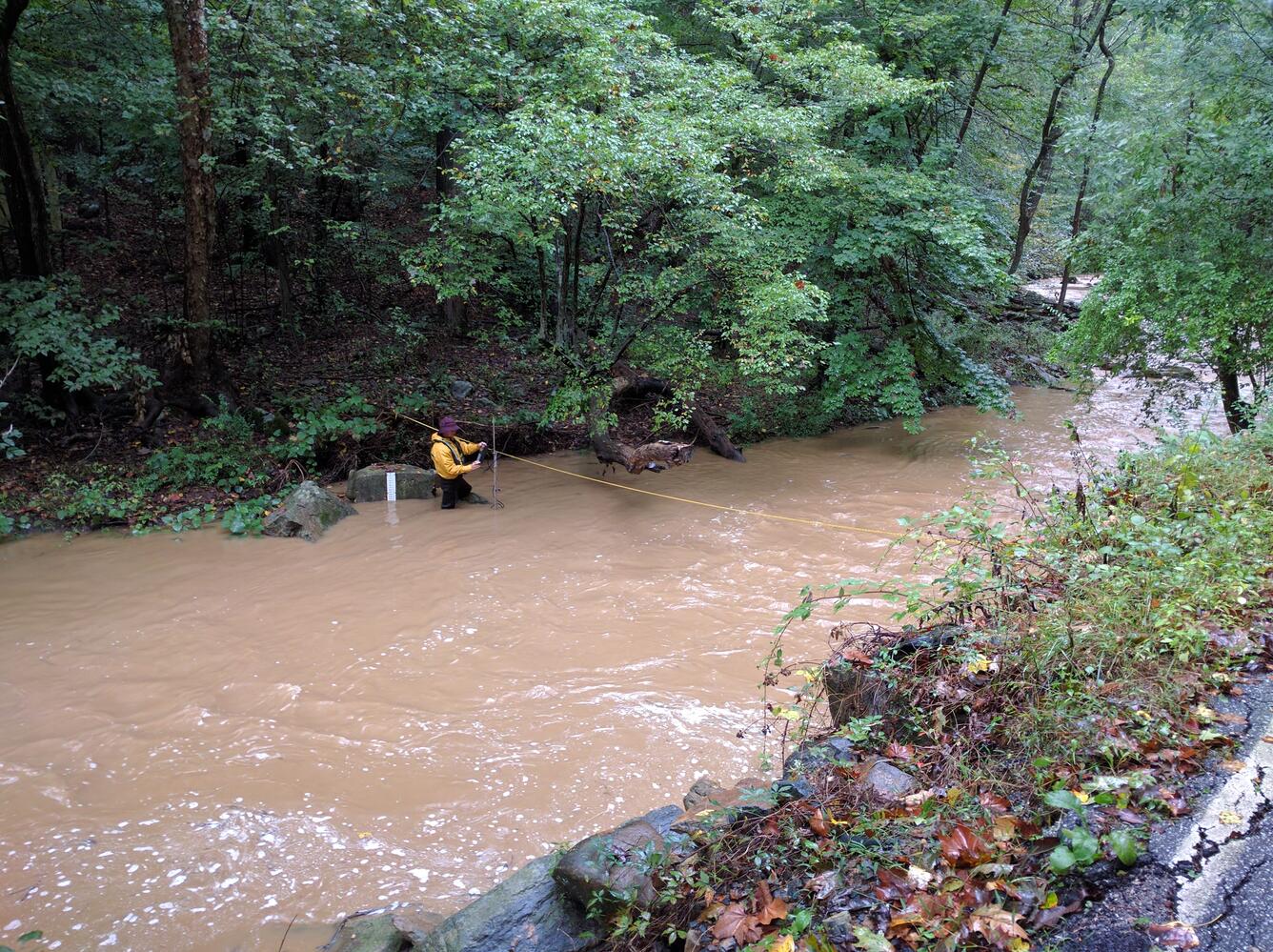 USGS Hydrographer measuring high flow at Long Green Creek MD 1584050