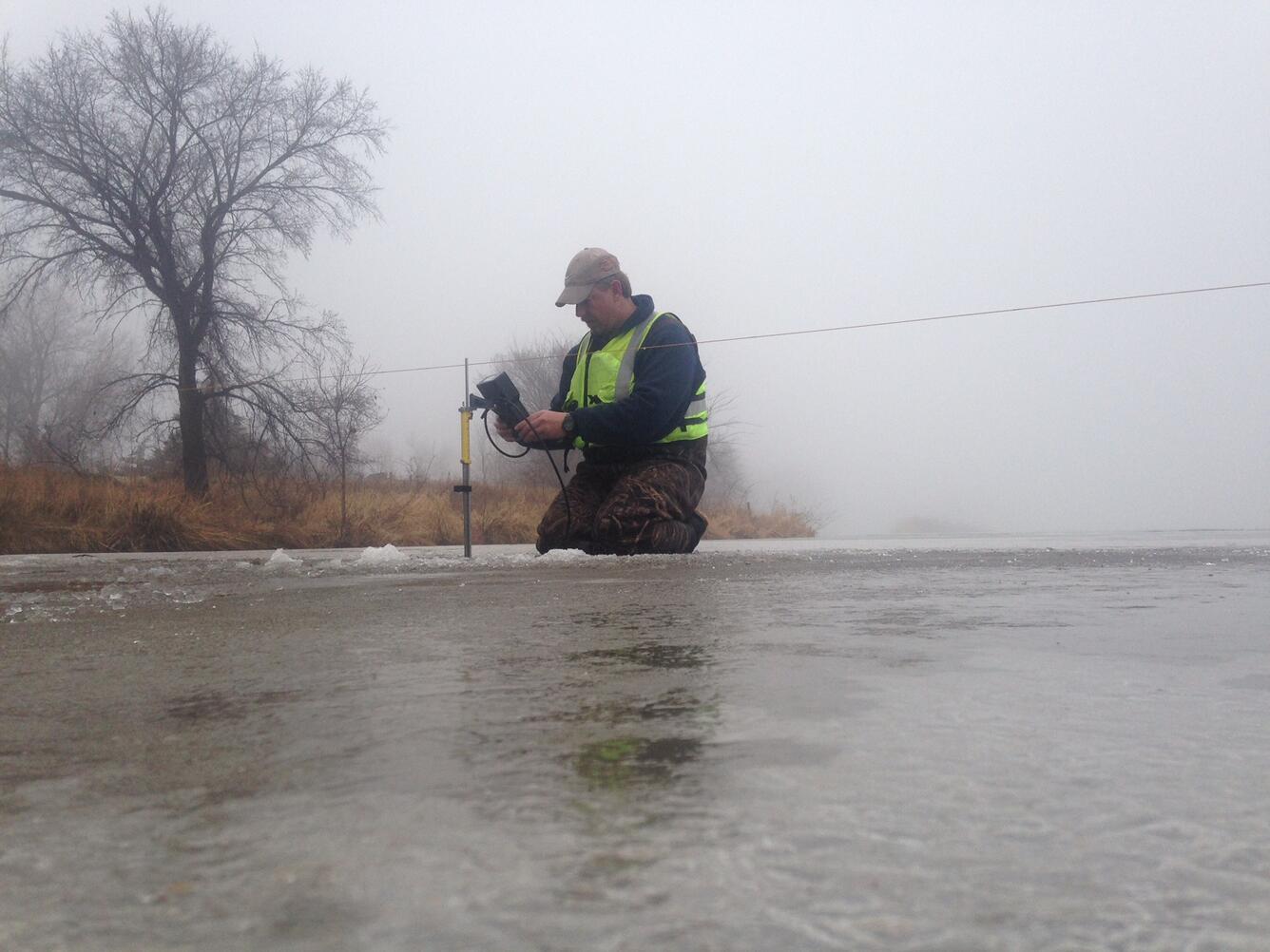 Making a measurement of discharge under ice on the Platte River at Grand Island, Nebr.