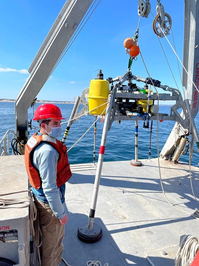 USGS scientists prepare to deploy a seafloor tripod loaded with oceanographic equipment
