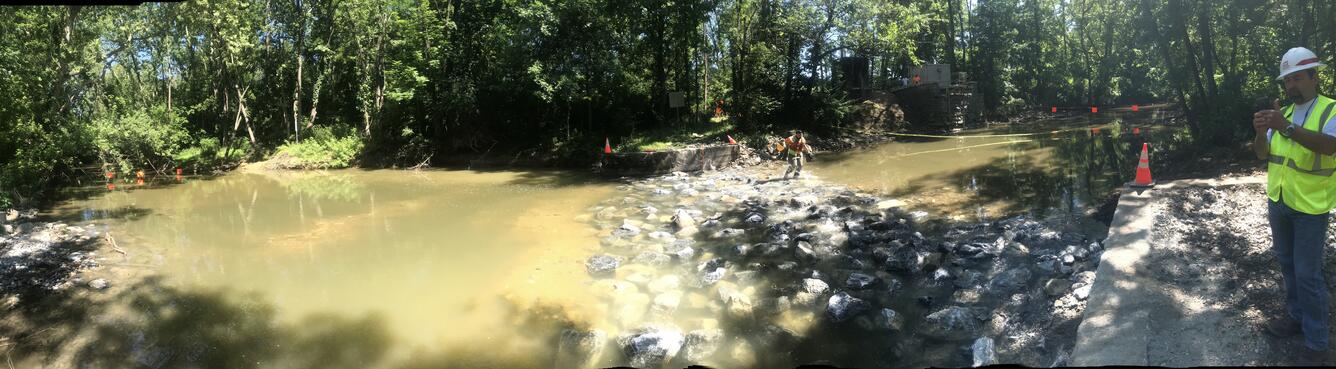creek, trees, green, water, man, yellow, rocks