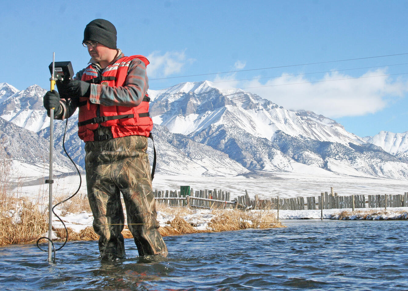 USGS hydrographer measuring streamflow on Warm Springs Creek, Idaho