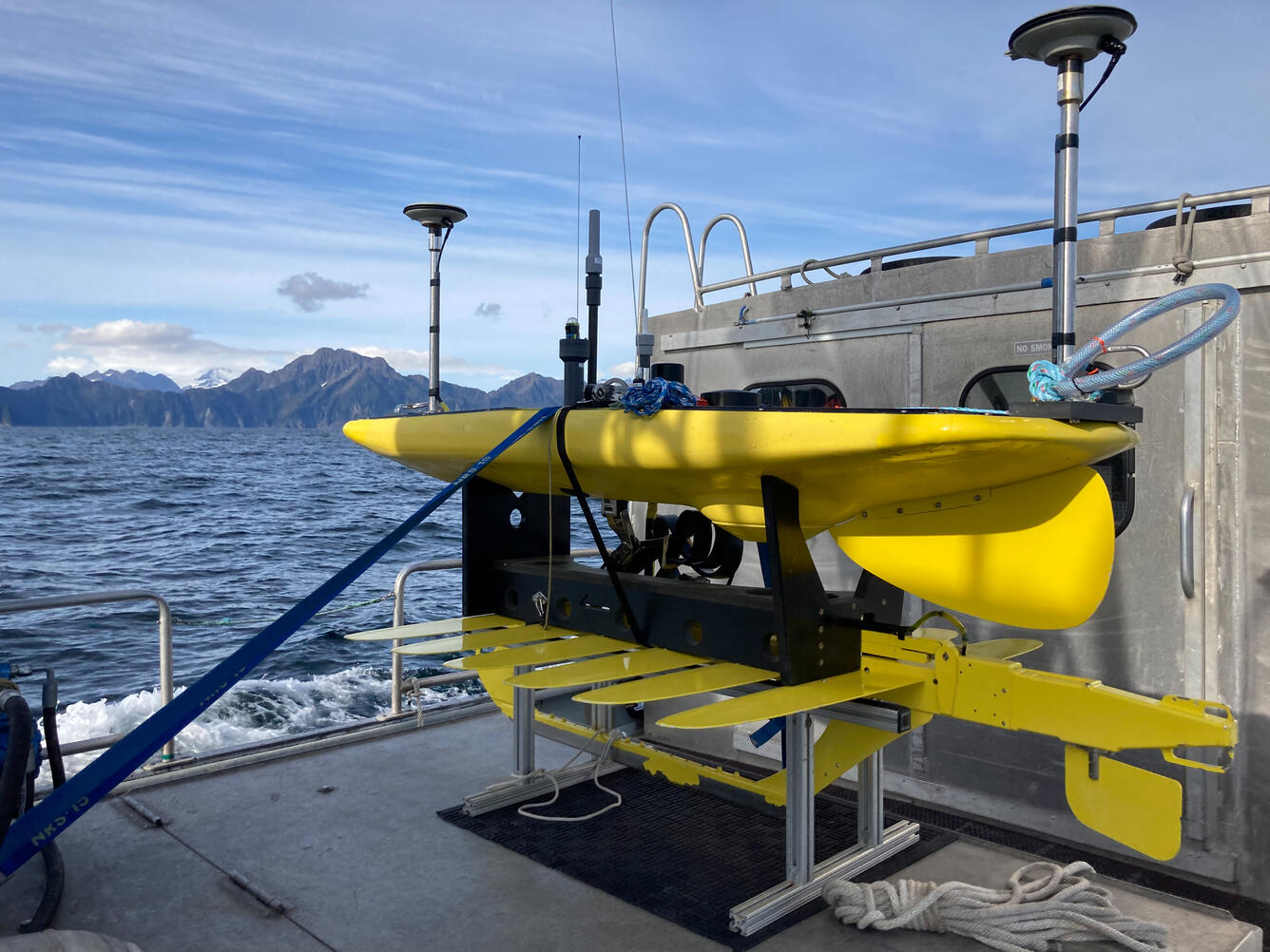 USGS wave glider secured to the deck of the R/V Alaskan Gyre off the southern coast of the Kenai Peninsula, Alaska