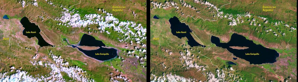 Satellite image showing lake levels for Azuei and Enriquillo lakes in the Caribbean