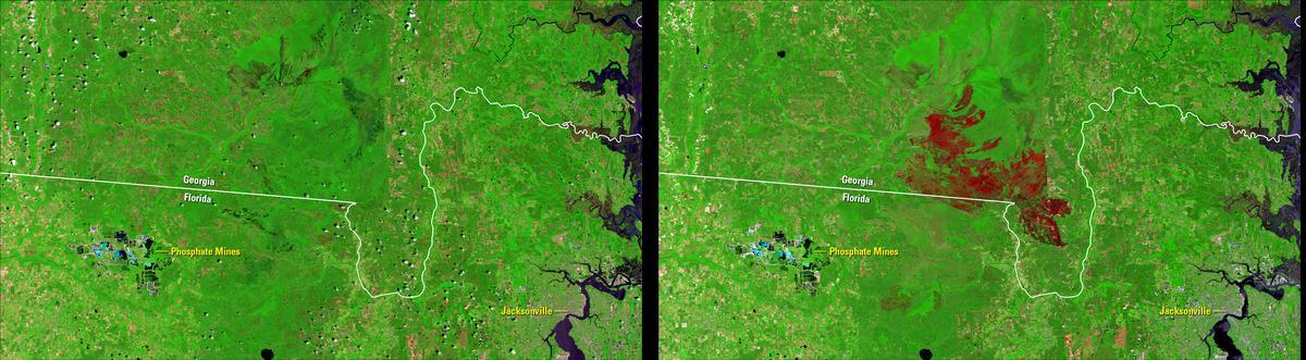 Satellite image showing the fire in the Okefenokee National Wildlife.